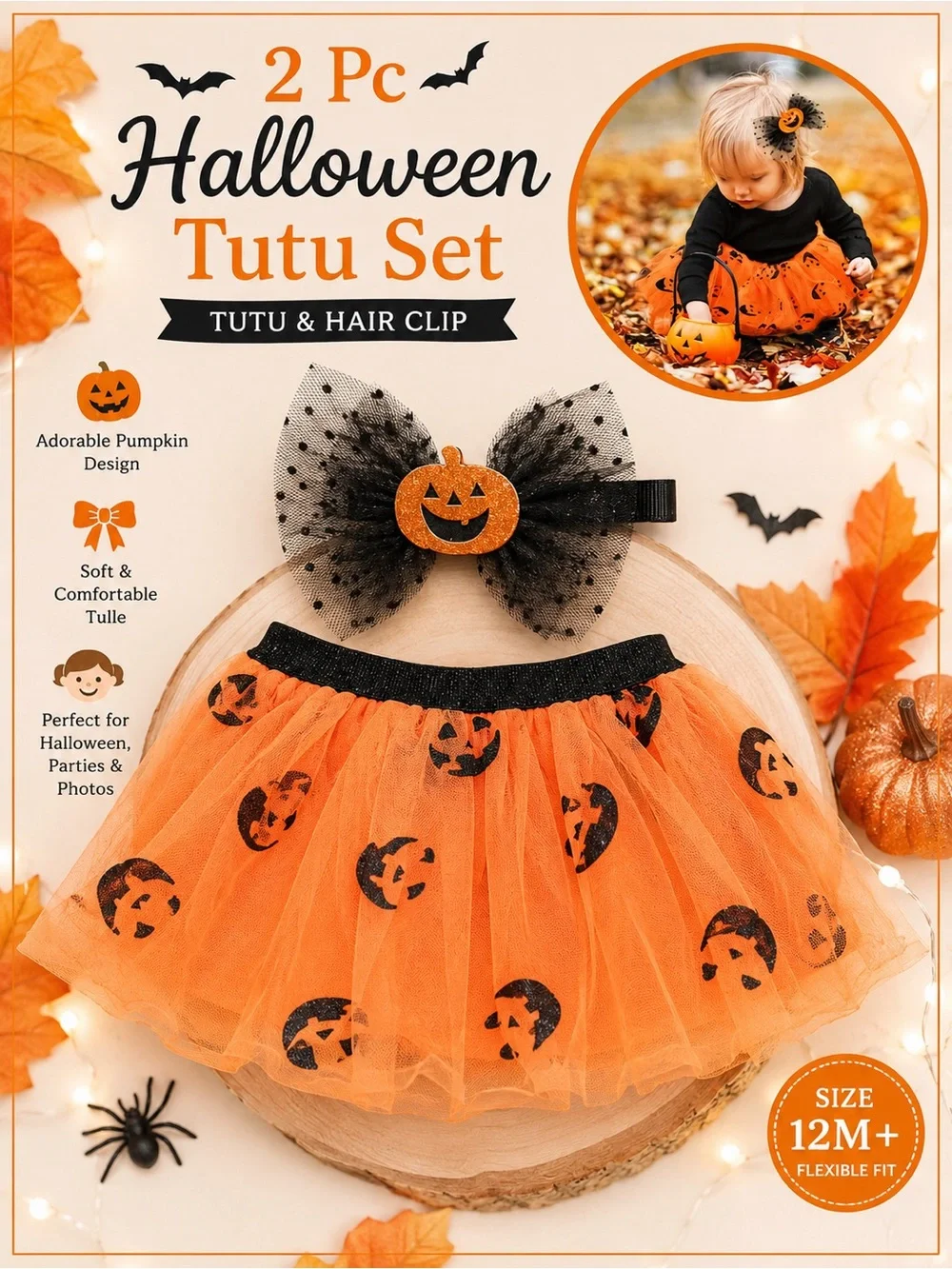 Halloween Pumpkin Tutu Set with Hair Clip - Orange & Black
